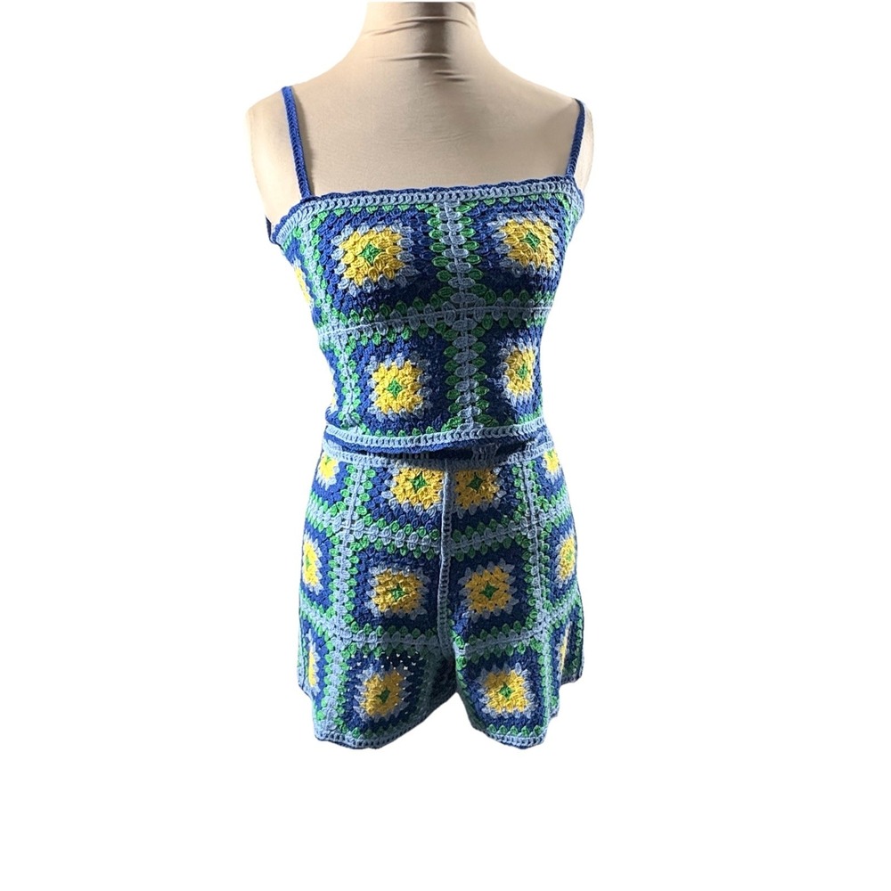 Zara Crochet Set Women Blue Yellow Small Granny Square Boho Festival Matching - Picture 2 of 16